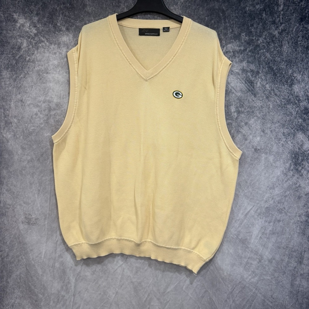 Greg Norman V- Neck Sweater Vest Yellow Green Bay Packers Patch NFL Yellow 2XL